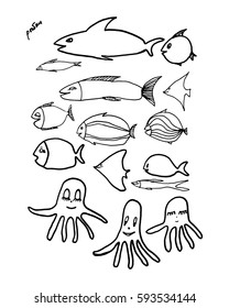 Hand drawn cartoon set fish as a vector. In title Russian word that means little little fishes - translation on English language.