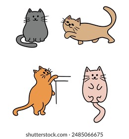 Hand drawn cartoon set of funny and cute cats isolated on white background. Vector illustration.