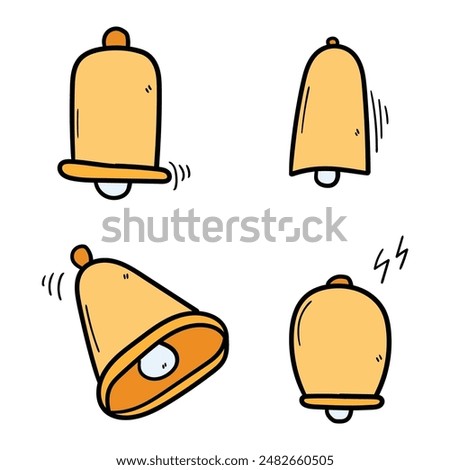 Hand drawn cartoon set of golden bells isolated on white background. Vector illustration.