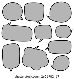 Hand drawn cartoon set of gray speech bubbles isolated on white background. Vector illustration.