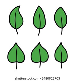 Hand drawn cartoon set of green leaves isolated on a white background. Vector illustration.