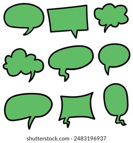 Hand drawn cartoon set of green speech bubbles isolated on white background. Vector illustration.