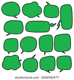 Hand drawn cartoon set of green speech bubbles isolated on white background. Vector illustration.