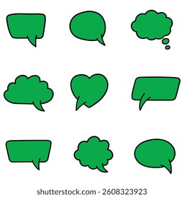 Hand drawn cartoon set of green speech bubbles isolated on white background. Vector illustration.