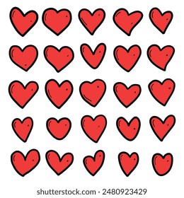 Hand drawn cartoon set of hearts isolated on white background. Vector illustration.