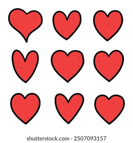 Hand drawn cartoon set of hearts isolated on white background. Love, devotion, february 14, valentine's day. Vector illustration.