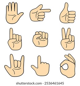 Hand drawn cartoon set of human hand gestures isolated on a white background. Body language. Vector illustration.