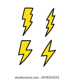 Hand drawn cartoon set of lightning bolts isolated on a white background. Vector illustration.