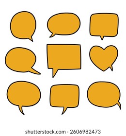 Hand drawn cartoon set of orange speech bubbles isolated on white background. Vector illustration.