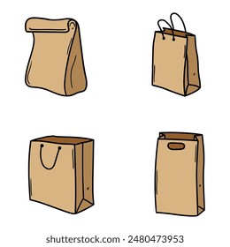 Handgezeichnete Cartoon-Set von Papier-Einkaufstaschen isoliert auf weißem Hintergrund. Vektorillustration.