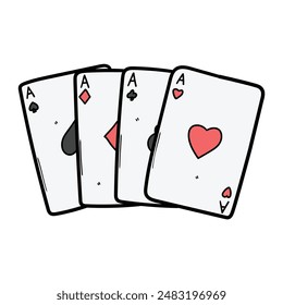 Hand drawn cartoon set of playing cards aces isolated on white background. Concept gambling, poker. Vector illustration.