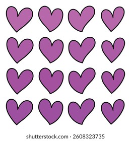 Hand drawn cartoon set of purple hearts isolated on white background. Vector illustration.