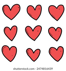 Hand drawn cartoon set of red hearts isolated on white background. Vector illustration.