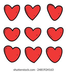 Hand drawn cartoon set of red hearts isolated on white background. Concept of love and valentine's day. Vector illustration.