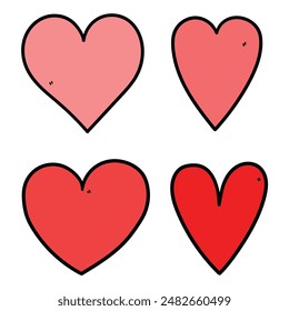 Hand drawn cartoon set of red hearts isolated on white background. Vector illustration.