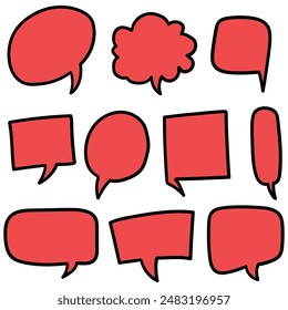 Hand drawn cartoon set of red speech bubbles isolated on white background. Vector illustration.