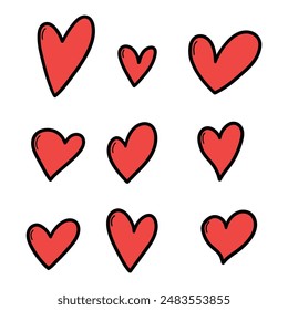 Hand drawn cartoon set of red hearts isolated on white background. Vector illustration.