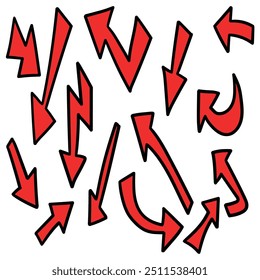 Hand drawn cartoon set of red arrows isolated on a white background. Vector illustration.