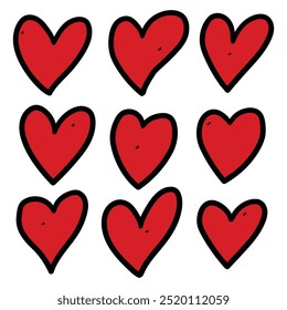 Hand drawn cartoon set of red hearts isolated on white background. Vector illustration.