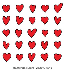 Hand drawn cartoon set of red hearts isolated on white background. Concept love, february 14 valentine's day, happiness, romance. Vector illustration.