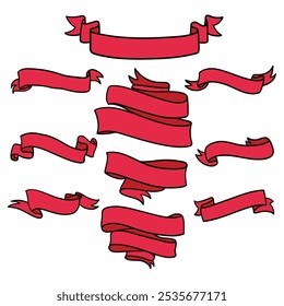 Hand drawn cartoon set of red blank ribbon banners isolated on white background. Vector illustration.
