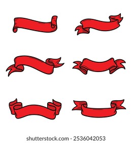 Hand drawn cartoon set of red ribbon banners isolated on white background. Vector illustration.