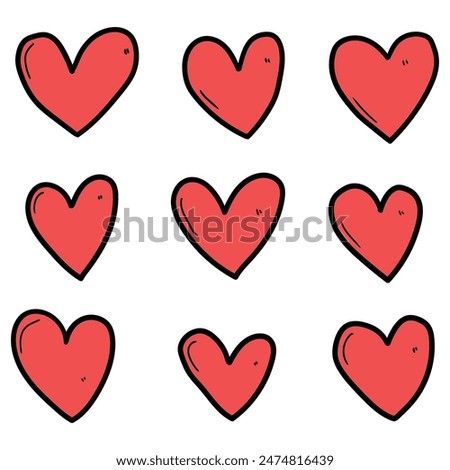 Hand drawn cartoon set of red hearts isolated on white background. Vector illustration.