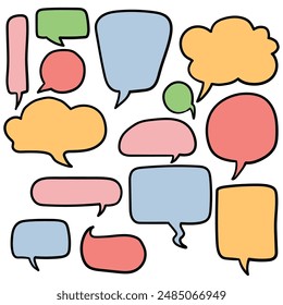 Hand drawn cartoon set of speech bubbles isolated on a white background. Vector illustration.