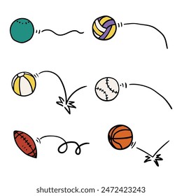 Hand drawn cartoon set of sports balls isolated on white background. Bowling, volleyball, kids ball, baseball, baseball, rugby, American soccer, basketball. Vector illustration.