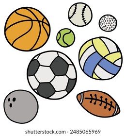 Hand drawn cartoon set of sports game balls isolated on white background. Basketball, baseball, goal, tennis, soccer, volleyball, rugby or American soccer, bowling. Vector illustration.