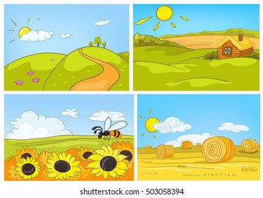 Handgezeichneter Cartoon-Satz von Sommerlandschaften. Farbige Cartoons mit Sommerhintergründen. Vektorgrafik-Set von Landschaften der Landschaft. Hintergrund des Feldes mit Sonnenblumen. Hintergrund des Feldes mit Heu
