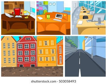 Hand drawn cartoon set of urban architecture and corporate office interior. Colourful cartoons of city and office backgrounds. Vector cartoon set with cityscapes. Backgrounds of office workplaces.