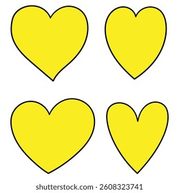 Hand drawn cartoon set of yellow hearts isolated on white background. Vector illustration.