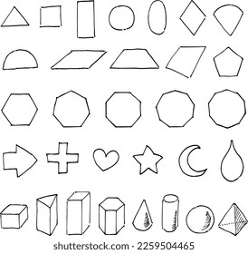 Hand drawn cartoon. Hand drawn shapes. Triangle, square, rectangle, circle, oval, heart, star, diamond, semicircle, sector, drop, cross, crescent, arrow, parallelogram, trapezoid, cube, cone, cylinder