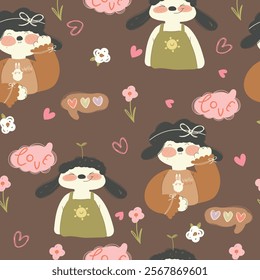 Hand drawn cartoon sheeps, flowers, hearts and words love, Doodle. Seamless pattern with cute animals.