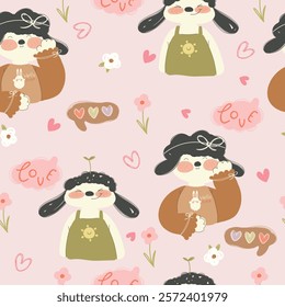 Hand drawn cartoon sheeps, flowers, hearts and words love on pink background, Doodle. Seamless pattern with cute animals.