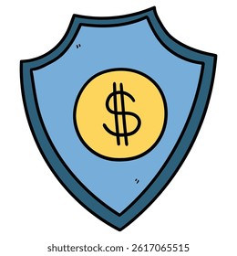 Hand drawn cartoon shield with dollar sign isolated on white background. Vector illustration.