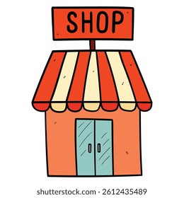 Hand drawn cartoon shop or store facade isolated on white background. Vector illustration.