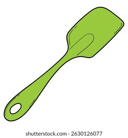 Espátula verde de cozinha de silicone desenhada à mão isolada no fundo branco. Ilustração vetorial.