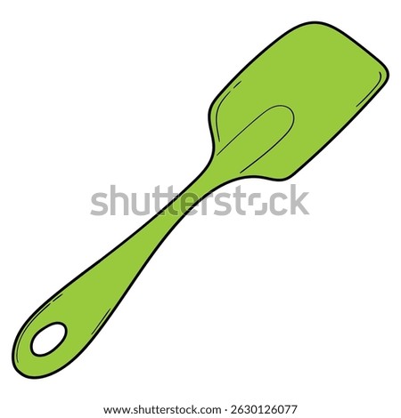 Hand drawn cartoon silicone kitchen green spatula isolated on white background. Vector illustration.