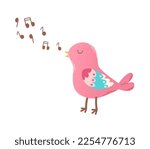 Hand drawn cartoon singing bird in flat style. Valentines day vector illustration.
