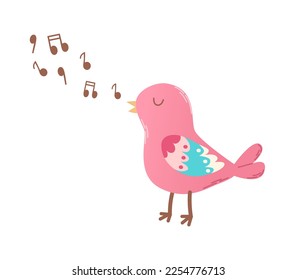 Hand drawn cartoon singing bird in flat style. Valentines day vector illustration.