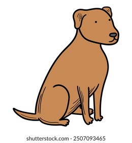 Hand drawn cartoon sitting brown dog isolated on white background. Vector illustration.