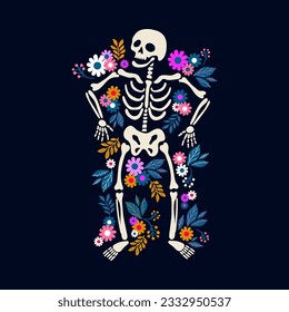 Hand drawn cartoon skeleton with colorful flowers around. Isolated vector illustration for Halloween or Day of Dead.