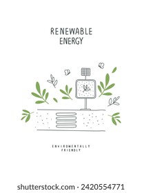 Hand drawn cartoon sketch of billboard with solar-powered. Vector illustration of Environmentally friendly planet. Think Green. Alternative energy concept.