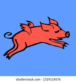 Hand drawn cartoon sketch of cute funny pig character. 2019 new year symbol. Vector illustration pink coral on blue background