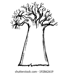 hand drawn, cartoon, sketch illustration of baobab