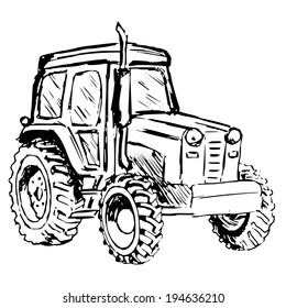 Hand Drawn, Cartoon, Sketch Illustration Of Tractor