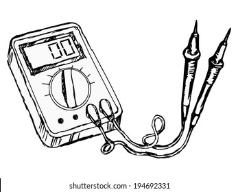 hand drawn, cartoon, sketch illustration of multimeter