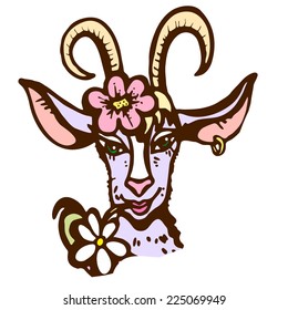 hand drawn, cartoon, sketch illustration of decorative goat